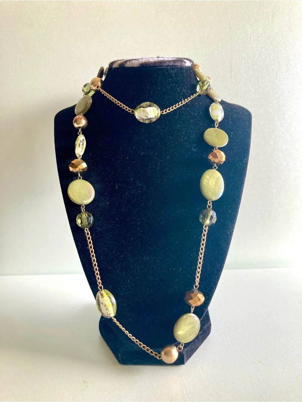 Gold and silver tone Chain Necklace with Light Green Beads signed EL